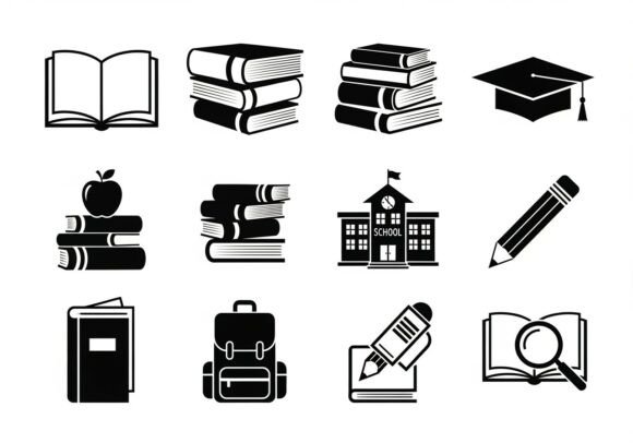 Black and White Educational School Books Graphics for Crafting and Handmade Business Use