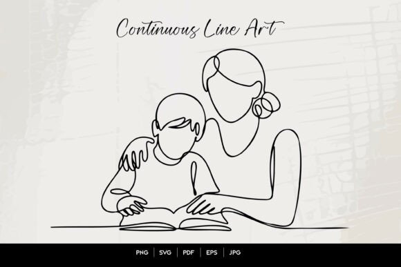 Continuous Line Mother Teaching Son Graphics for Crafts