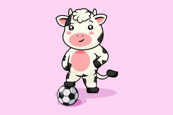 Cute Cow Playing Soccer Ball Graphics & Illustrations