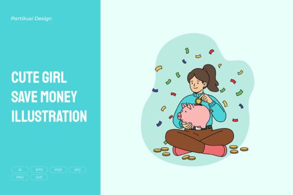 Cute Girl Save Money Illustration: Graphics for Crafters