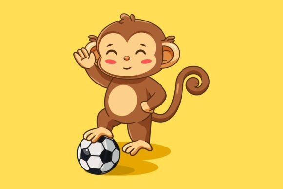 Cute Monkey Playing Football Soccer Ball Graphics & Illustrations