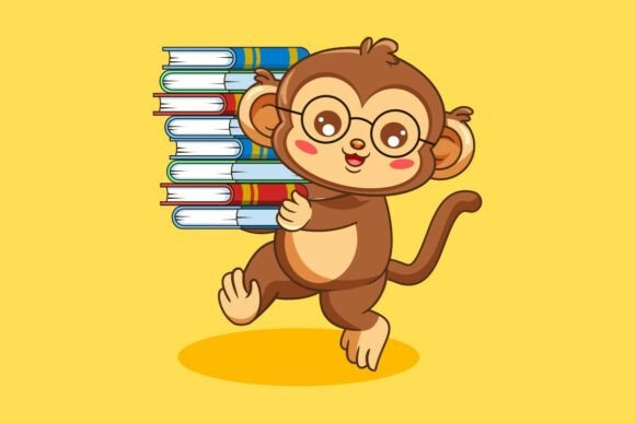 Cute Monkey with Glasses Carrying Books – A Playful Illustration for Branding and Graphics