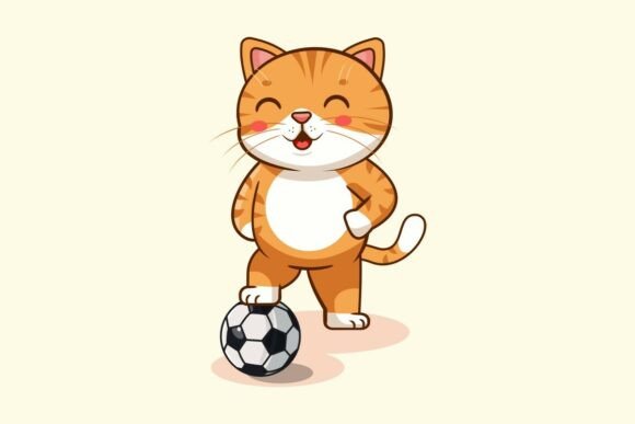 Cute Orange Tabby Cat Playing Soccer Graphics & Illustrations