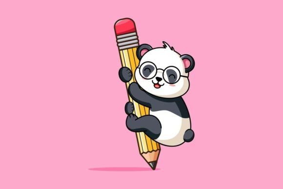 Cute Panda with Glasses Hugging a Pencil – Friendly Illustration for Local Brand Graphics