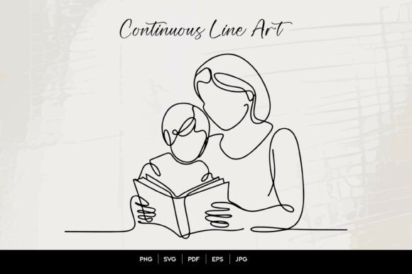 Mother and Child Reading Line Art Graphics for Crafts