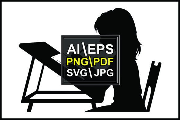 Silhouette of Child at Desk Pencil Girl Graphics