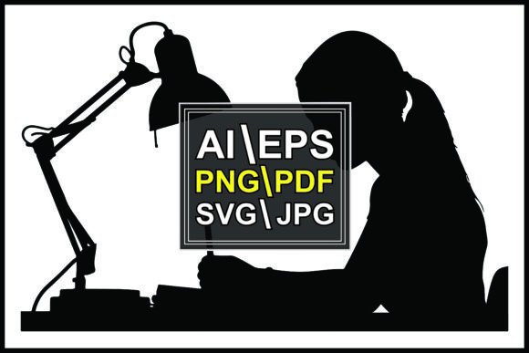 Silhouette of Girl Studying at Desk Lamp Graphics