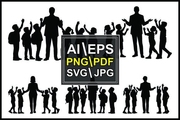 Silhouettes Children Raising Hands Group Graphics for Crafting & Illustrations