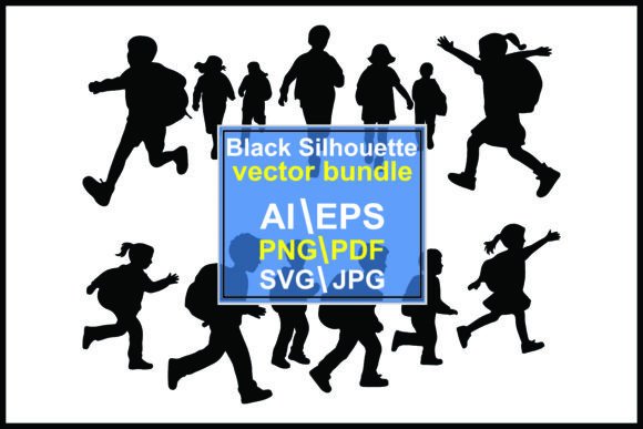 Silhouettes of Children Running Walking Graphics & Illustrations