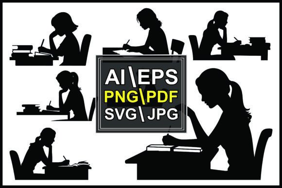 Silhouettes of People Studying at Desks: Graphics & Illustrations
