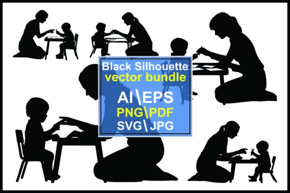 Silhouettes Woman Child at Tables Learni Graphics Review